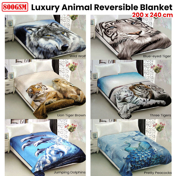 800Gsm Luxury Reversible Animal Pattern Mink Blanket Queen 200 X 240 Cm Three Tigers Blue Blankets