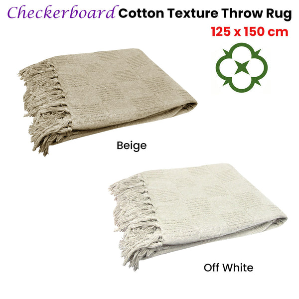 Checkerboard 100% Cotton Texture Fringe Throw Rug 125 X 150 Cm Off White Rugs