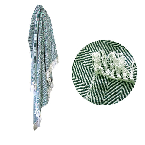 100% Cotton Fringe Throw Rug 125 X 150 Cm Chevron Green Rugs