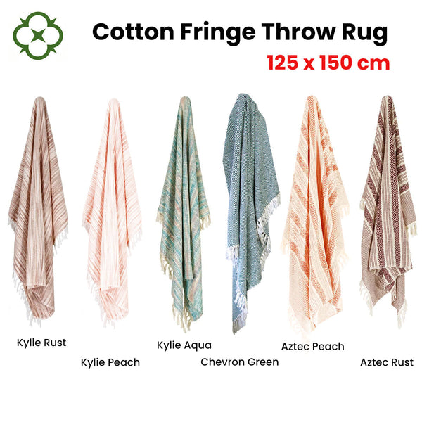 100% Cotton Fringe Throw Rug 125 X 150 Cm Chevron Green Rugs