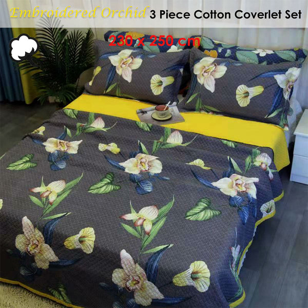 100% Cotton Coverlet Set Embroidered Orchid Queen Queen Doonas