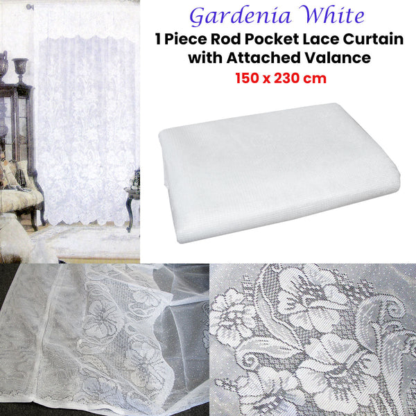 Gardenia White One Piece Rod Pocket Lace Curtain With Attached Valance Other Bedding
