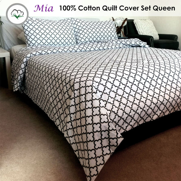 Mia White 100% Cotton Quilt Cover Set Queen Quilt Covers