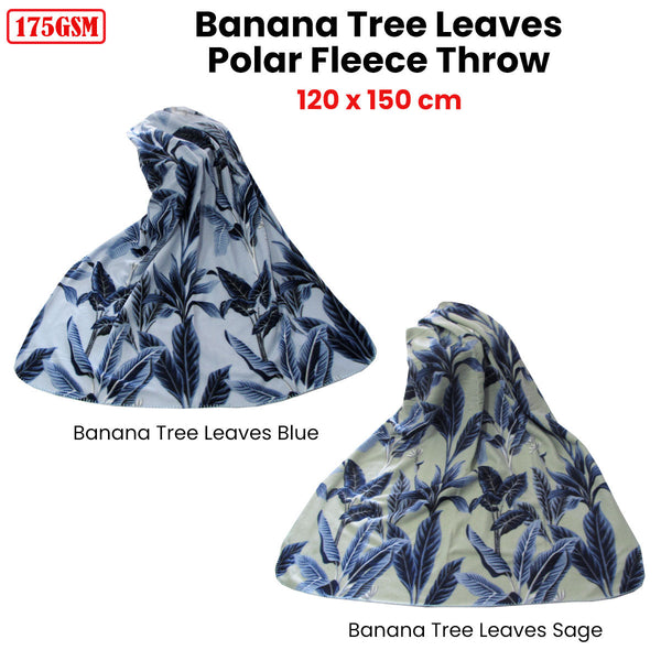 175Gsm Banana Tree Leaves Printed Polar Fleece Throw Rug 120 X 150Cm Blue Throws & Afghans