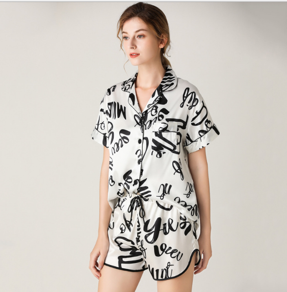 Woman Home Wear Short Sleeve Sweet Girl White Text Casual Pajamas (L Size) Sleepwear