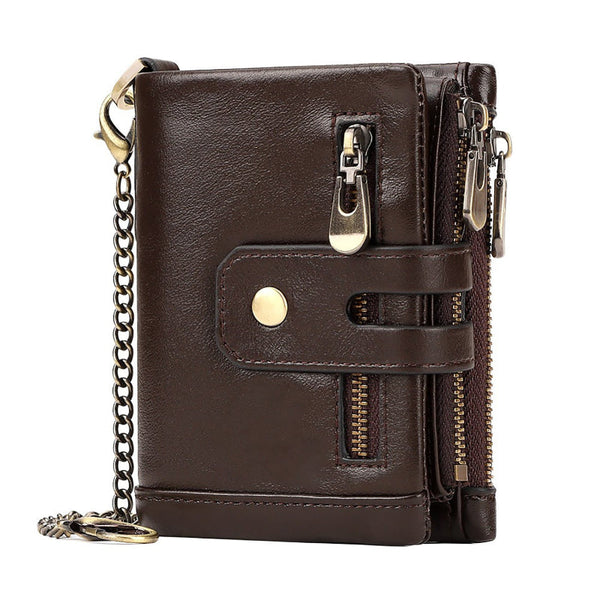 Men's Genuine Leather Wallet Rfid Blocking Retro Bifold Zipper Card Holder With Key Chain Wallets