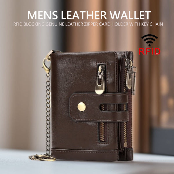 Men's Genuine Leather Wallet Rfid Blocking Retro Bifold Zipper Card Holder With Key Chain Wallets