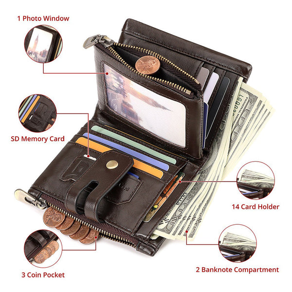 Men's Genuine Leather Wallet Rfid Blocking Retro Bifold Zipper Card Holder With Key Chain Wallets