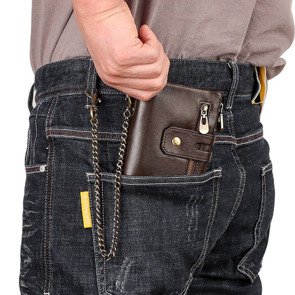 Men's Genuine Leather Wallet Rfid Blocking Retro Bifold Zipper Card Holder With Key Chain Wallets