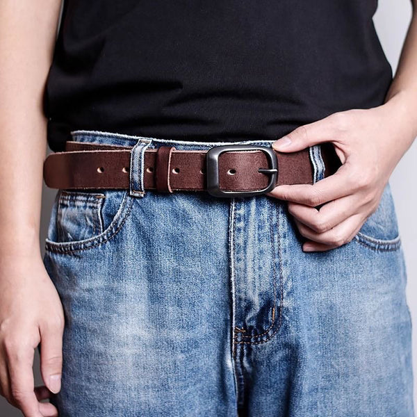 Men's Genuine Leather Belt Vintage Cowhide Pin Buckle 125Cm Adjustable Length Belts