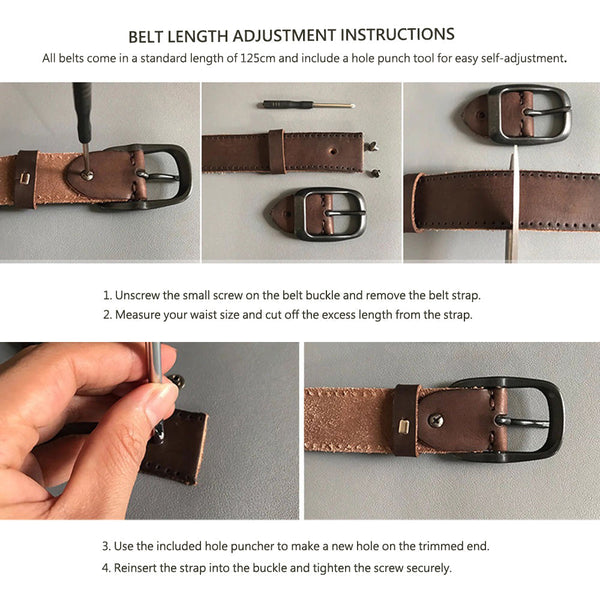 Men's Genuine Leather Belt Vintage Cowhide Pin Buckle 125Cm Adjustable Length Belts