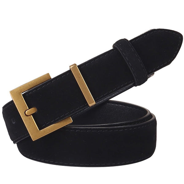 Women's Genuine Suede Leather Belt Classic Pin Buckle Cowhide (Black) Belts