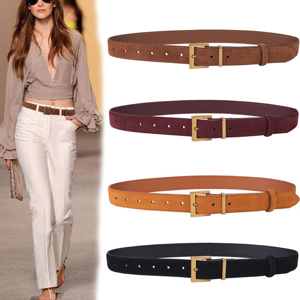 Women's Genuine Suede Leather Belt Classic Pin Buckle Cowhide (Black) Belts