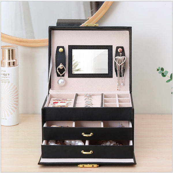Jewellery Box With Mirror Double Drawers Organizer Storage Lock Case Jewellery Boxes