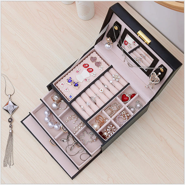 Jewellery Box With Mirror Double Drawers Organizer Storage Lock Case Jewellery Boxes