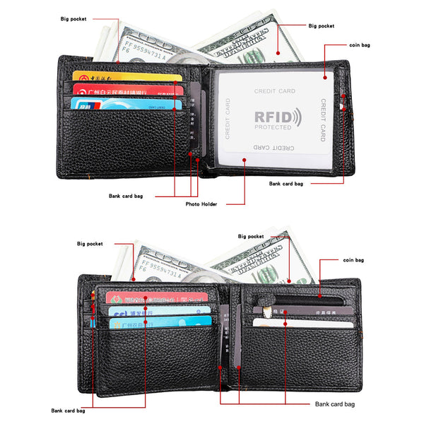 Men's Genuine Leather Bilfold Wallet Rfid Blocking Card Holder Zipper Coin Purse Wallets
