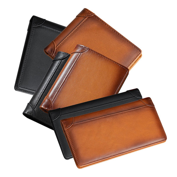 100% Genuine Leather Men's Wallet Rfid Blocking Card Holder Bifold And Long Black Horizontal Wallets