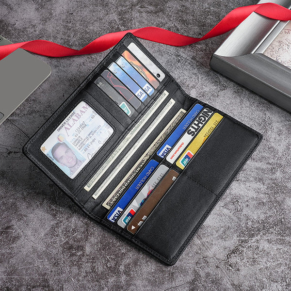 100% Genuine Leather Men's Wallet Rfid Blocking Card Holder Long Black Wallets