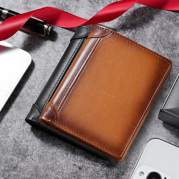 100% Genuine Leather Men's Wallet Rfid Blocking Card Holder Bifold Vertical Brown Wallets