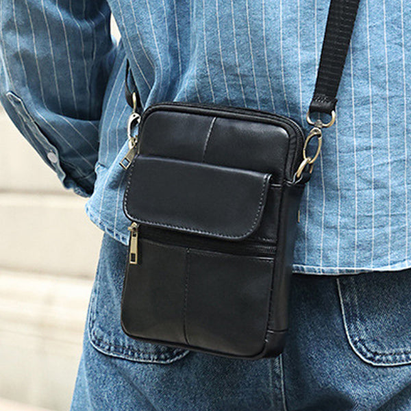 Genuine Leather Men's Crossbody Bag Oiled Wax Satchel (Black) Bags