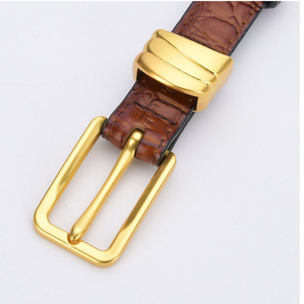 Genuine Leather With Crocodile Pattern Pin Buckle Thin Belt Jeans For Women (Dark Brown) Belts