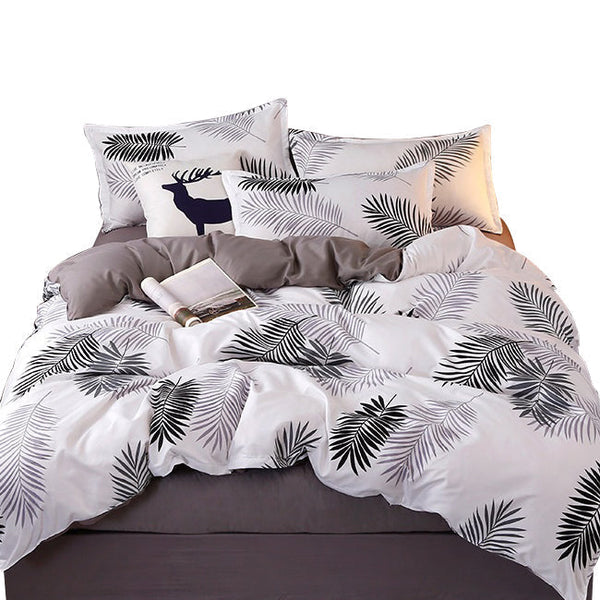 Palm Leaves Pattern Aloe Cotton Flat Sheet Quilt Cover Pillowcases 4Pcs Bedding Set (Queen) Quilt Covers