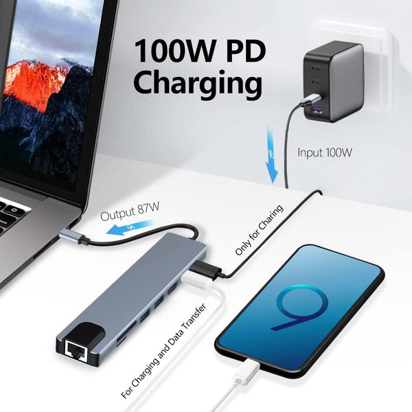 8In1 Hub Usb C To Type 3.0 4K Hdmi Rj45 Ethernet Sd Tf Otg Pd Port Adapter Usb Cables Hubs & Adapters