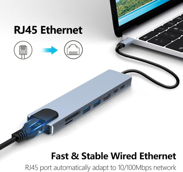 8In1 Hub Usb C To Type 3.0 4K Hdmi Rj45 Ethernet Sd Tf Otg Pd Port Adapter Usb Cables Hubs & Adapters