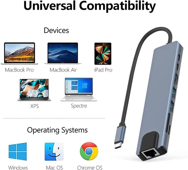 8In1 Hub Usb C To Type 3.0 4K Hdmi Rj45 Ethernet Sd Tf Otg Pd Port Adapter Usb Cables Hubs & Adapters