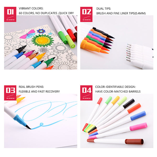 60 Unique Colors Double Head Acid Free Non Toxic Coloured Pens Art Pens & Markers