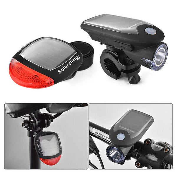 Solar Powered Bicycle Cycling Bike Led Headlight + Rear Tail Light Lamp With Gift Box Lights & Reflectors