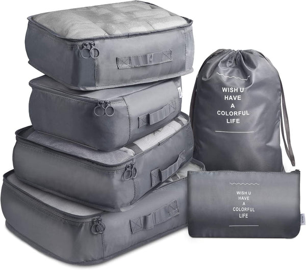 6 Pcs Waterproof Compression Packing Cubes Large Travel Luggage Organizer Storage Grey Packing Organisers
