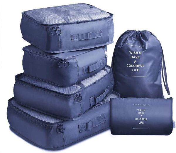 6 Pcs Waterproof Compression Packing Cubes Large Travel Luggage Organizer Storage Navy Packing Organisers