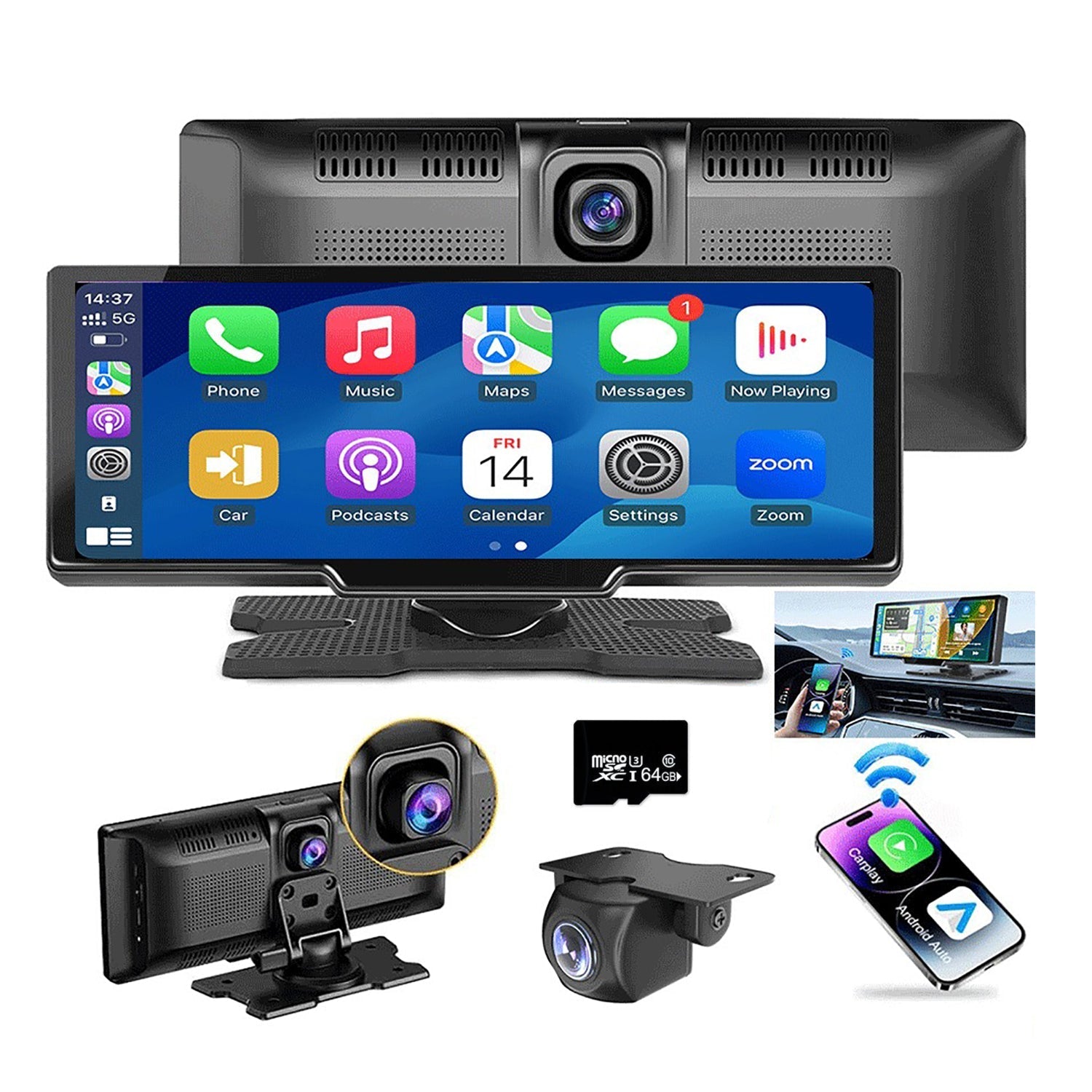 10.26In Wireless Apple Android Carplay Dual Dash Cam Front Rear Camera With 64G Card Video In Dash Units W/O Gps