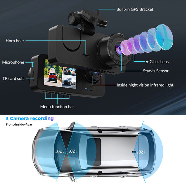 3 Channel Car Dvr Hd 1080P Vehicle Dash Cam Three Way Camera Dvrs Recorder With 32 Gb Card Video In Dash Units W/O Gps