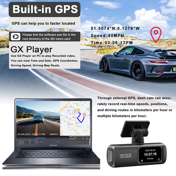 4K Front And Rear Dual Dash Cam Wifi Car Camera With 64Gb Sd Card Video In Dash Units W/O Gps
