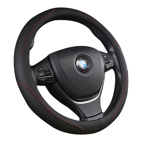 Universal Luxury Car 37 38Cm Steering Wheel Cover Pu Leather Non Slip Breathable (Black Red) Steering Wheel Covers