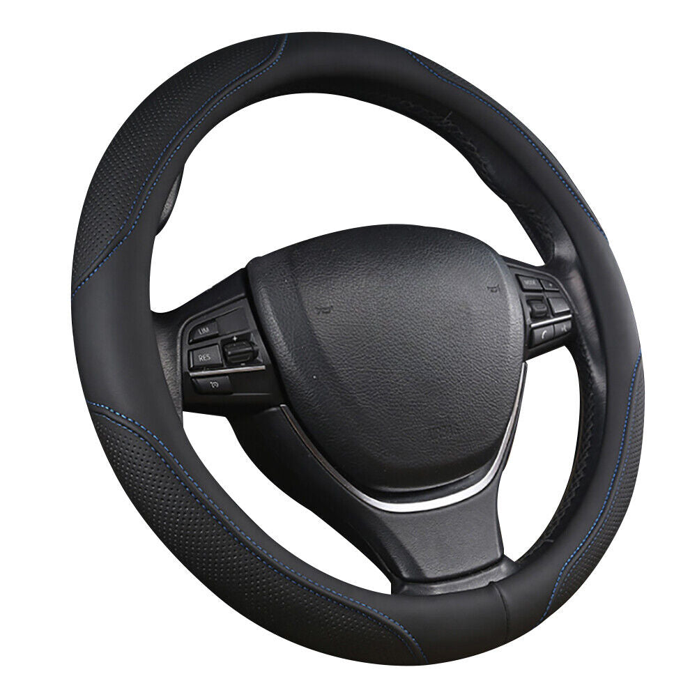 Universal Luxury Car 37 38Cm Steering Wheel Cover Pu Leather Non Slip Breathable (Black Blue) Steering Wheel Covers