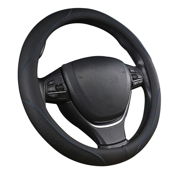 Universal Luxury Car 37 38Cm Steering Wheel Cover Pu Leather Non Slip Breathable (Black Blue) Steering Wheel Covers