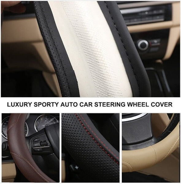 Universal Luxury Car 37 38Cm Steering Wheel Cover Pu Leather Non Slip Breathable (Black Blue) Steering Wheel Covers