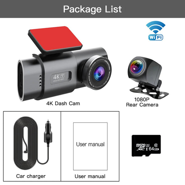 4K Dash Cam Uhd 2160P Wifi Front Dashcam Night Vision Car Camera With 64Gb Card Video In Dash Units W/O Gps