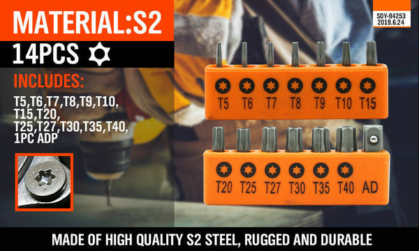 14Pc Torx Key Bit Set Tamper Proof Star Wrench Bits T5 T40 Socket Adapter S2 New Screwdrivers & Nutdrivers