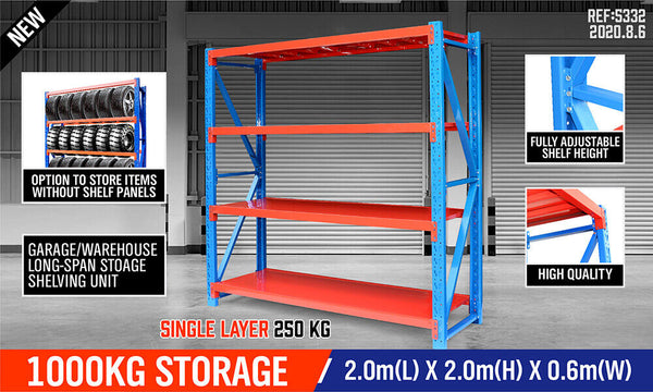 2Mx2m Steel Racks Shelves Garage Storage Warehouse Tyre Shelving 1000 Capacity Tool Shelving & Racking Systems