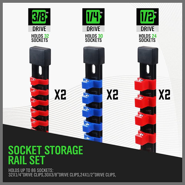 Swanlake 6 Piece Socket Organizer Set Sockets Holder Rack Rail Mountable 86 Sliding Clips Premium Quality Holders Workshop Organiser Other Tool Storag