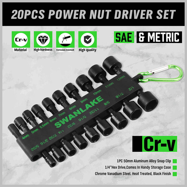 Swanlake 20Pcs Garden Tools Power Nut Driver Set Impact Drill Sae And Metric (Will Be No Tracking) Drill Bits