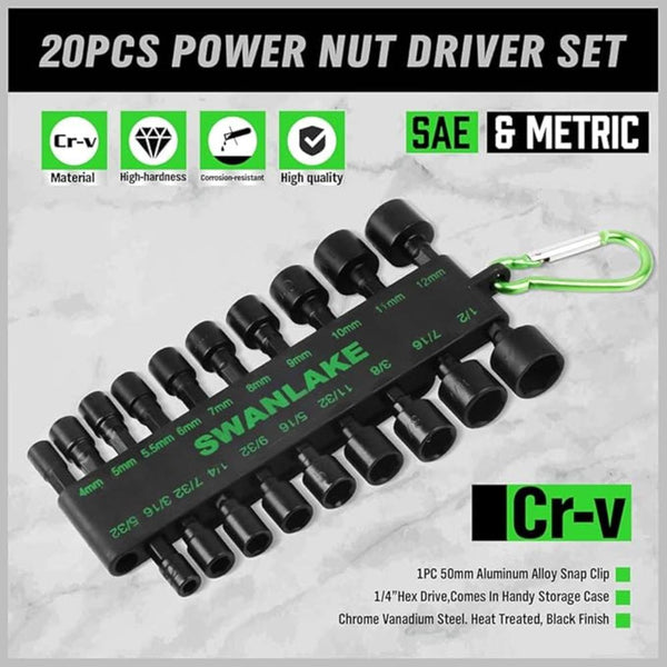 Swanlake Garden Tools (Letter With No Tracking) 20Pcs Power Nut Driver Set For Impact Drill 1/4 Hex Head Bit Sae And Metric Screwdrivers & Nutdrivers