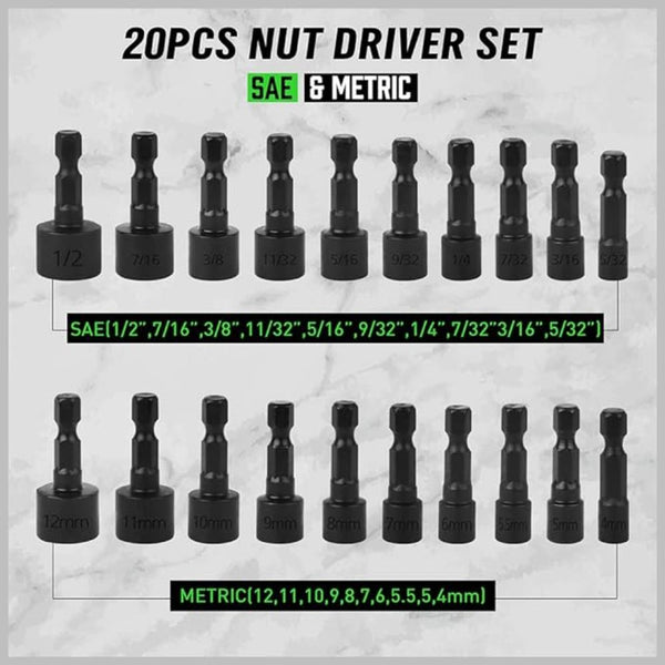 Swanlake Garden Tools (Letter With No Tracking) 20Pcs Power Nut Driver Set For Impact Drill 1/4 Hex Head Bit Sae And Metric Screwdrivers & Nutdrivers