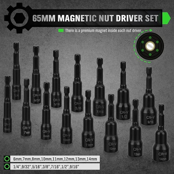 Swanlake 39Pcs Magnetic Hex Nut Driver Master Kit 1/4" Quick Change Shank Sae And Metric Power Nuts Drill Bit Tools Set Cr V Steel Screwdrivers & Nutd