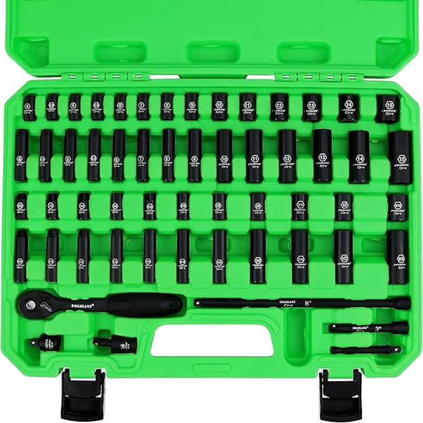 Swanlake 1/4" Drive Impact Socket Set 56 Piece Sae (5/32 To 9/16 Inch) And Metric (4 15Mm) Size Point Cr V Ratchet Handle Extension Bar Universal Join
