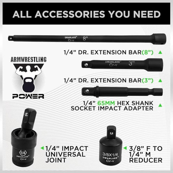 Swanlake 1/4" Drive Impact Socket Set 56 Piece Sae (5/32 To 9/16 Inch) And Metric (4 15Mm) Size Point Cr V Ratchet Handle Extension Bar Universal Join